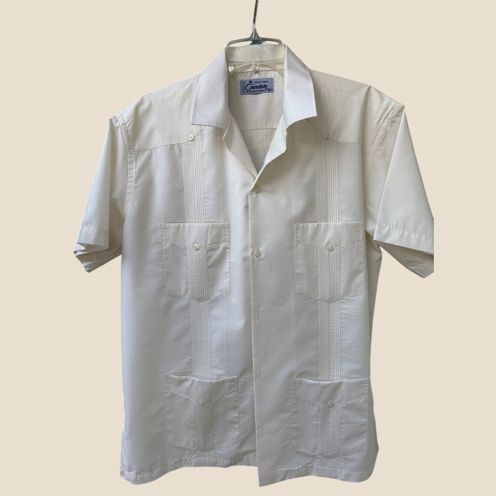 COURDAIN. Cuban-Style Short Sleeve Guayabera Shirt - Cream. 16.5. 4-Pockets.